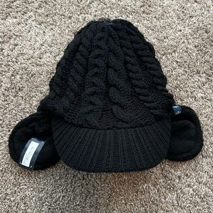 Rainforest Men’s Black Cable Knit Trapper Hat W/ Brim Ear Flaps Acrylic Fleece